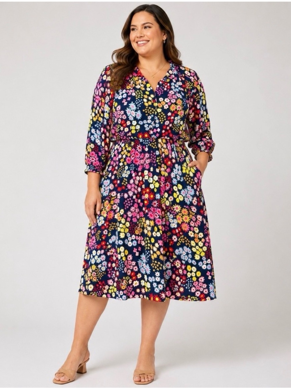 Talbots Plus Starburst Floral Fit & Flare Midi Dress Navy Blue Lined Pockets 2X